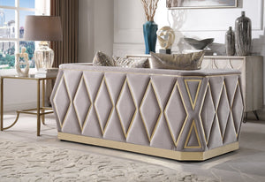 English Elm Cavalli Glam Loveseat with Diamond Upholstery Panels and Gold Trim Accent Legs Taupe+Gold B009P417492