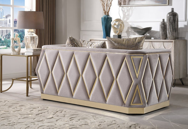 English Elm Cavalli Glam Loveseat with Diamond Upholstery Panels and Gold Trim Accent Legs Taupe+Gold B009P417492
