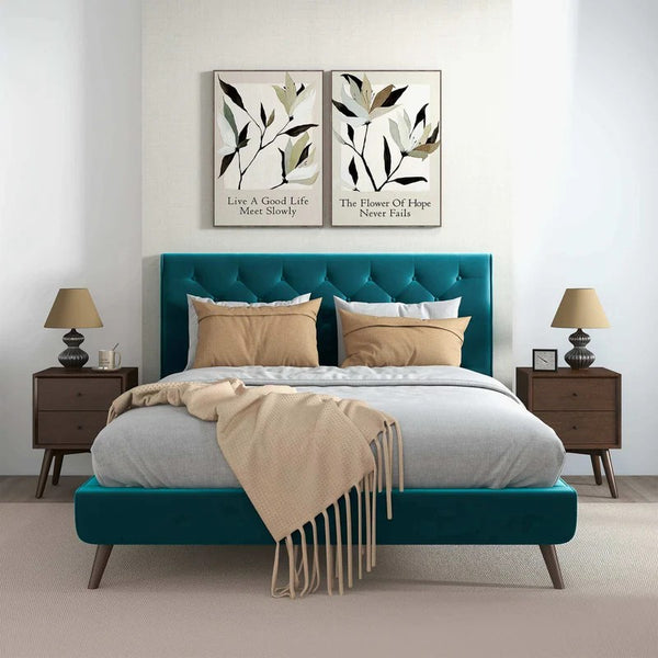 English Elm Ashcroft Furniture - Dillon Blue Velvet Platform Bed Queen with Button Tufted Headboard, Mid-Century Tapered Legs, No Box Spring Needed B183S00162