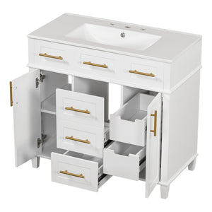 English Elm 36" White Bathroom Vanity Cabinet with Ceramic Sink, Gold Handles, Soft-Close Drawers & Adjustable Shelf N729P204177K