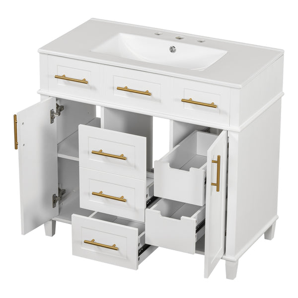 English Elm 36" White Bathroom Vanity Cabinet with Ceramic Sink, Gold Handles, Soft-Close Drawers & Adjustable Shelf N729P204177K
