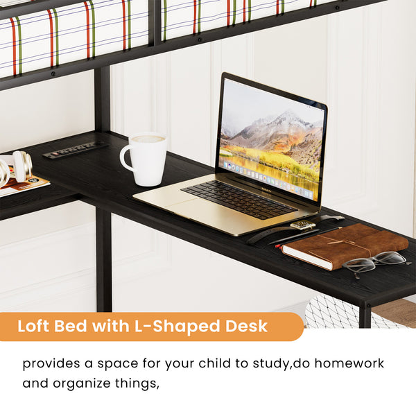 English Elm Full Metal Loft Bed with L-Shaped Desk, RGB LED Lights, Charging Cradle, Wardrobe & Drawers Black W1162S00014