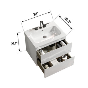 English Elm TIA 24" Wall Mount Glossy White Bathroom Vanity with One-Piece Ceramic Sink, 20% More Storage, Soft-Close Drawers W1865S00063