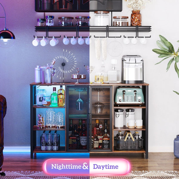 English Elm Homcom Rustic Bar Cabinet with Rgb Led Lighting Charging Station and Stemware Storage W2225P173928
