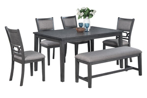 English Elm Dining Room 6-Piece Gray Rubberwood Set with Upholstered Cushioned Seats, Bench & Sturdy Rectangular Table B011S01625