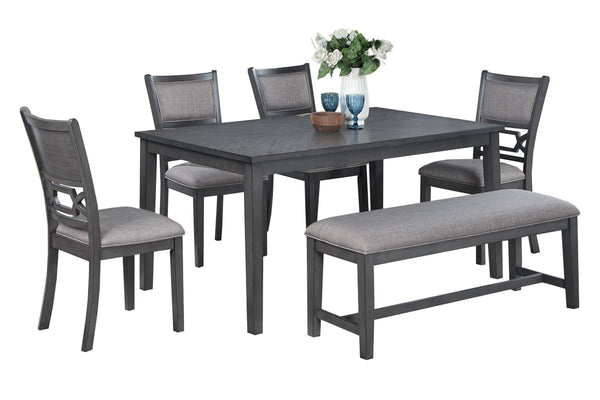 English Elm Dining Room 6-Piece Gray Rubberwood Set with Upholstered Cushioned Seats, Bench & Sturdy Rectangular Table B011S01625