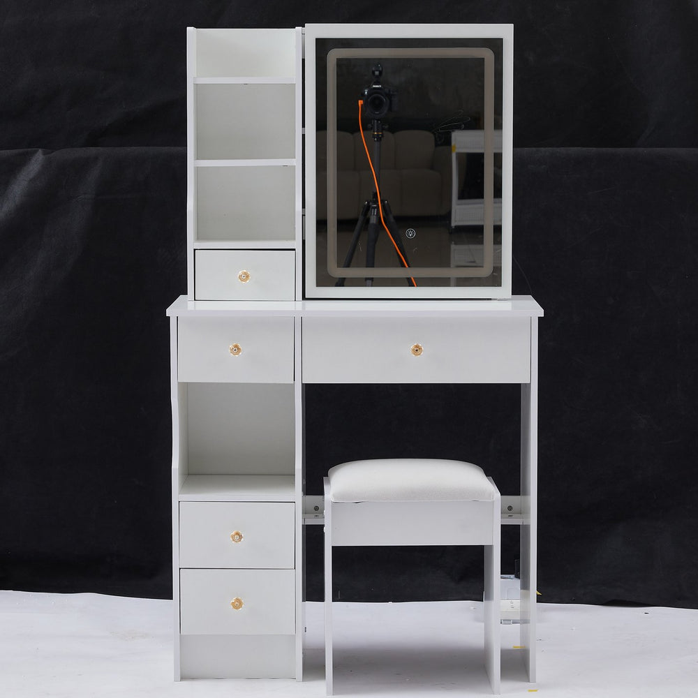 English Elm 29.2" Compact Vanity Table Set With Cushioned Stool, Led Touch-Control Mirror & Ample Storage Space W3258P291629
