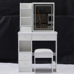 English Elm 29.2" Compact Vanity Table Set With Cushioned Stool, Led Touch-Control Mirror & Ample Storage Space W3258P291629