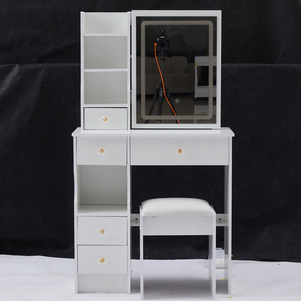 English Elm 29.2" Compact Left Drawer Vanity Table Set With Touch Control Led Mirror & Cushioned Stool For Small Spaces W3258P299611
