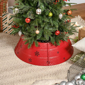 English Elm HOMCOM Steel Christmas Tree Collar Ring Skirt Cover for 7.5ft Trees, Durable Powder-Coated Guard, 26" x 9" Red W2225P229116