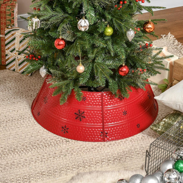 English Elm HOMCOM Steel Christmas Tree Collar Ring Skirt Cover for 7.5ft Trees, Durable Powder-Coated Guard, 26" x 9" Red W2225P229116