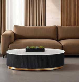 English Elm Contemporary Oval Cocktail Table With Marble Top, Gold Accents & Reeded Plinth Base For Living Room B2741P395397