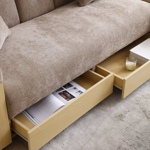 English Elm Convertible Sleeper Sofa with Reversible Armrest, Storage Ottoman, Drop-Down Table & Dual Cup Holders for Living Room Comfort Light Brown W2677S00024