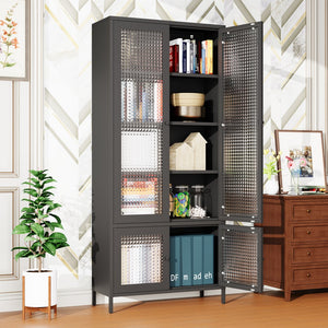 English Elm Large Metal Storage Cabinet with 4 Waffle-Grid Tempered Glass Doors, 5 Shelves, Rust-Resistant Steel Finish W2378P176273