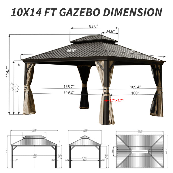 English Elm 10' X 14' Hardtop Gazebo - Durable Aluminum Frame, Double Roof, Curtains & Netting For Year-Round Comfort W1859S00160
