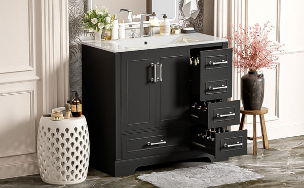 English Elm 36" Traditional Bathroom Vanity with Ceramic Sink, Solid Wood Cabinet, Soft-Close Doors & Drawers Black N729P251630B