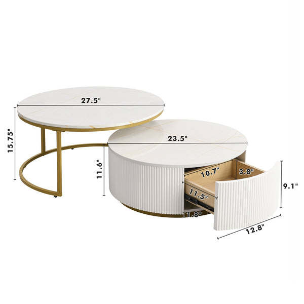 English Elm Modern Round Nesting Coffee Table Fluted with Drawer in Gold Finish — Elegant MDF Top, Space-Saving Design White N735P254992K