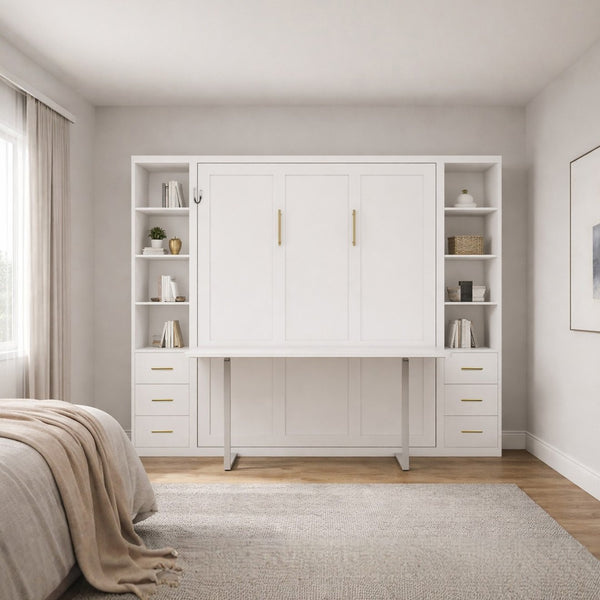 English Elm Desk Murphy Wall Bed Queen with Side Storage Cabinets for Home Office Study W5290S00006