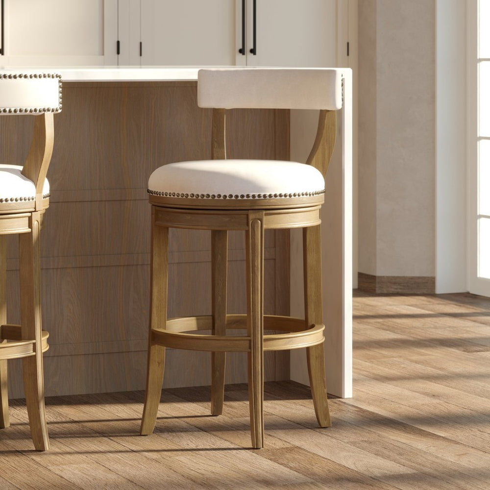 English Elm 31" Swivel Barstool Linen Upholstered Seat Nailhead Trim Warm Wood Kitchen Island Pecan B2751P436451