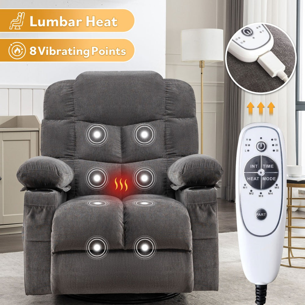 English Elm Oversized Swivel Recliner with Massage Heating Linen Upholstery and Usb Port Gray W1521P411670