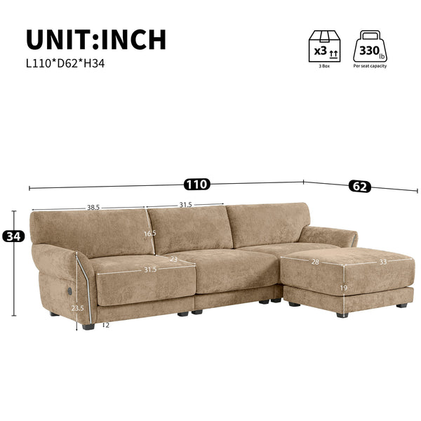 English Elm 110" Modular Sectional Sofa with Extra-Wide Chenille Seats, USB & Type-C Charging Ports, Ottoman, High-Density Foam Comfort khaki N723S7038D