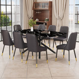 English Elm 1 Table and 8 Chairs Set.A Rectangular Dining Table With A Imitation Marble Black Table Top and Black Metal Legs.Paired With 8 Chairs With Pu Leather Seat Cushion and Black Metal Legs.F-1537,C-007