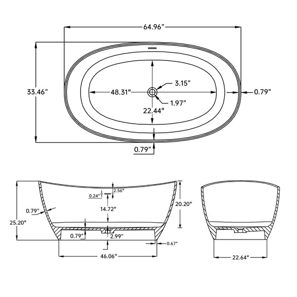 English Elm 65" Freestanding Solid Surface Soaking Tub Matte White Spa Style Bathroom W2704P204066