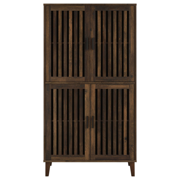 English Elm Sakai Dark Pine tall 4-door accent cabinet with slatted fronts, adjustable shelves, rustic-modern storage solution B062P358337