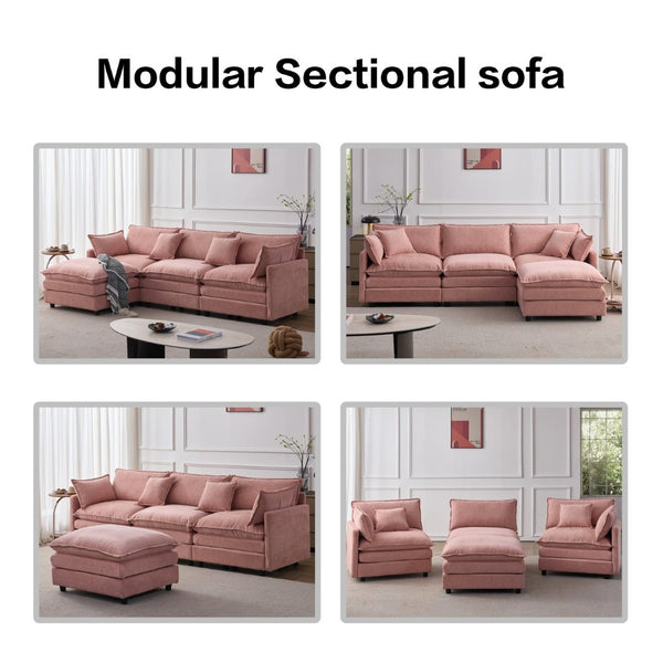 English Elm 105" L-shaped Chenille Sectional with Ottoman Pocket Spring Living Room Sofa Pink W1097S00232