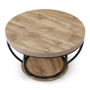 English Elm 31" Round Industrial Coffee Table Wood Grain Veneer Top Two Tier Open Shelf Living Room Black W1117P414751