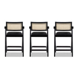 English Elm Milan 25.5" Modern Resin Webbing Back Bar Stool With Arms, Set Of 3, Ebony Black Boucle