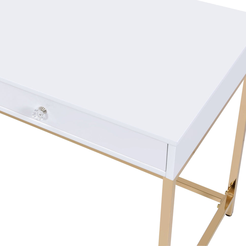English Elm Ottey Gloss White Vanity Desk with Gold Metal Legs, 2 Drawers, High-Gloss MDF Top, Contemporary Design B2726P315732
