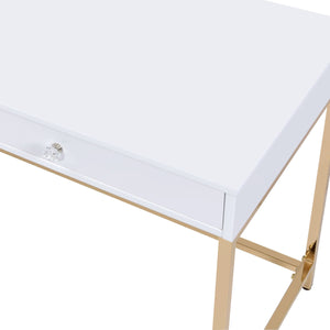 English Elm Ottey Gloss White Vanity Desk with Gold Metal Legs, 2 Drawers, High-Gloss MDF Top, Contemporary Design B2726P315732