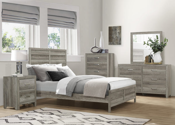 English Elm Weathered Gray Queen Bed with Rustic Faux Wood Veneer Headboard, Modern Transitional Design - Durable Finish B011S01107
