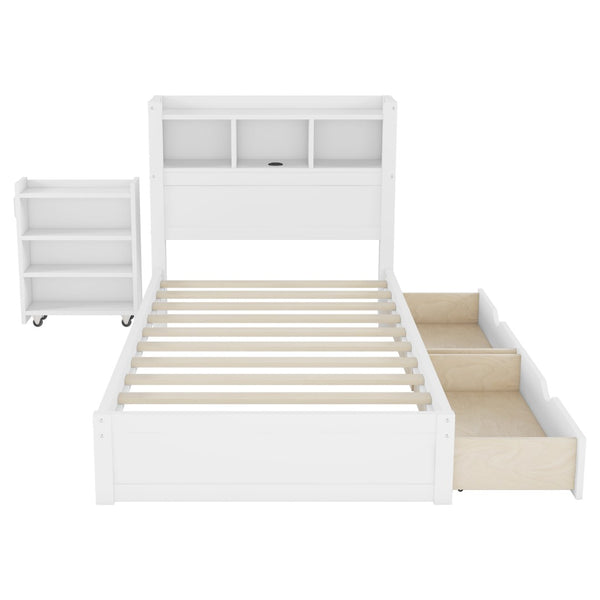English Elm Twin Wood Storage Bed with Led Headboard Drawers and Pull Out Cabinet for Kids White W2593S00048