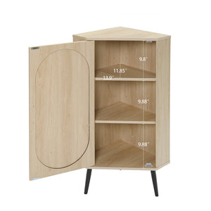English Elm Corner freestanding rattan cabinet with metal base, slim corner shelf stand for living room space-saving storage and soft-touch black handle Natural W688P160490