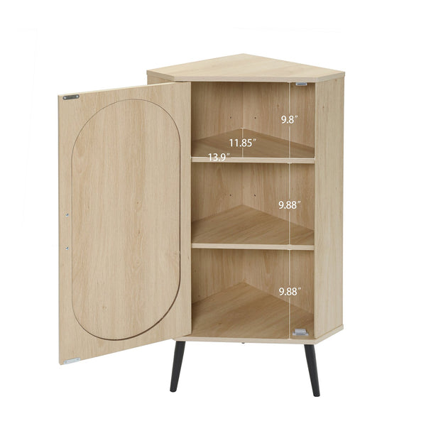 English Elm Corner freestanding rattan cabinet with metal base, slim corner shelf stand for living room space-saving storage and soft-touch black handle Natural W688P160490