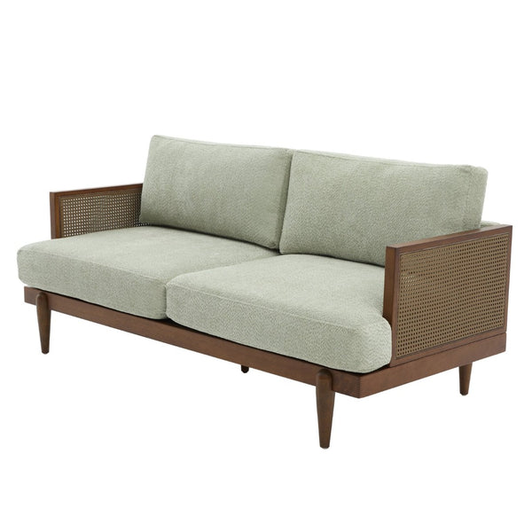 English Elm Emir Three Seat Boucle Sofa with Handwoven Cane Arms and Walnut Tapered Legs Light Green N773P285909G