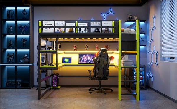 English Elm Full Size Gaming Loft Bed with Rgb Lights Wraparound Shelves and Built-in Usb Ports Green LT000299AAF