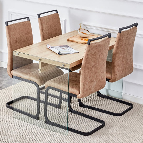 English Elm Table And Chair Set - Modern Wood Texture Mdf Coffee Table With Glass Legs And 4 Stylish Chairs W1151S02075-GIGA
