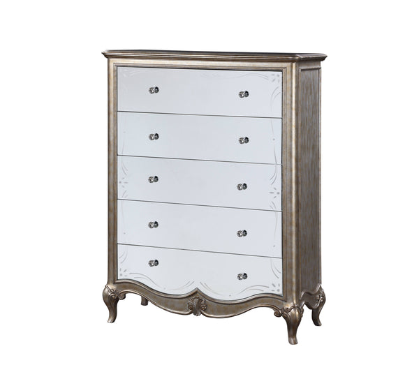 English Elm Esteban Antique Champagne Finish Chest with Mirrored Drawers, Felt-Lined Top, Crystal Knobs and Cabriole Legs B2726P257376