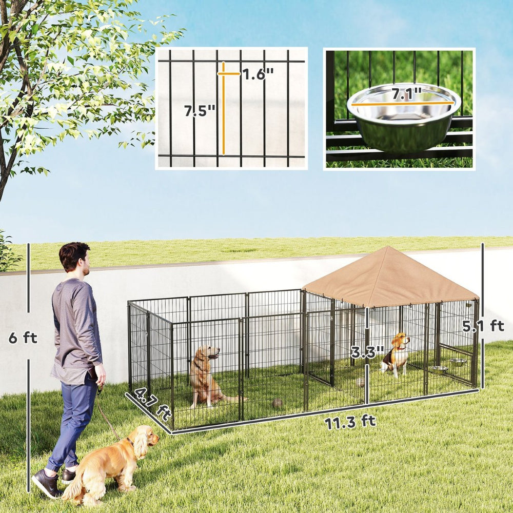 English Elm Large Outdoor Steel Dog Kennel with Uv Canopy Rotating Bowls and Sheltered Rest Area T3971P406327