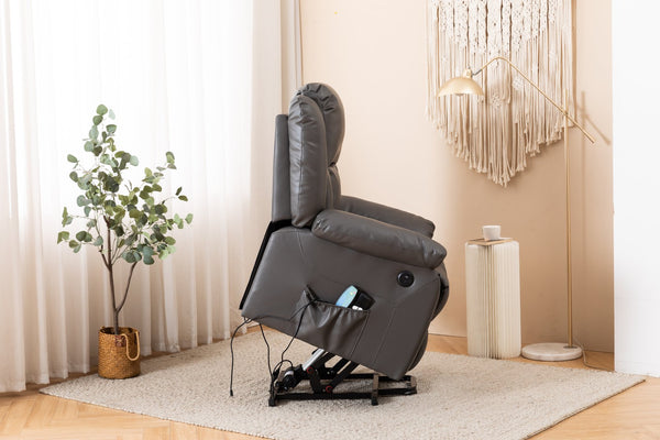 English Elm Electric Power Massage Recliner with Heating & USB Charging, PU Leather, Extra-Dense Cushion Comfort Dark Gray B205S00069