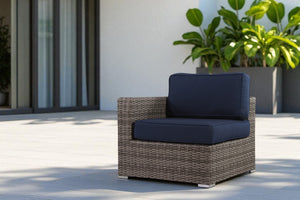 English Elm Wicker One-Arm Sectional Chair with Navy Sunbrella Cushions, Rust-Resistant Aluminum Frame, No Assembly B120P233851