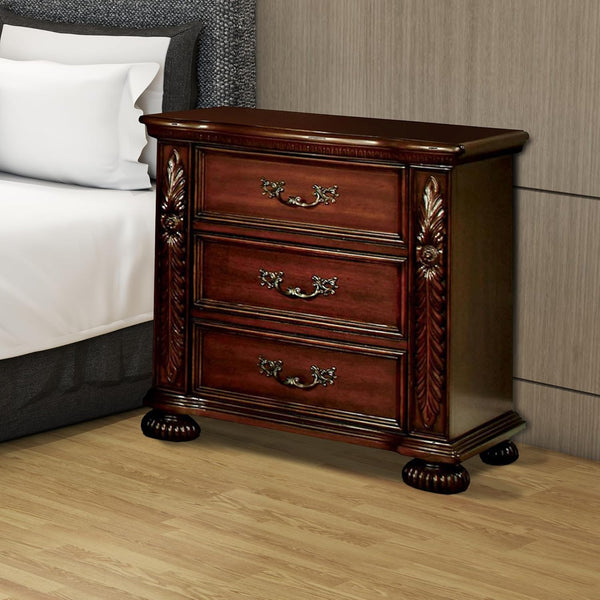 English Elm Brown Cherry Solid Wood Nightstand with 3 Drawers, Pewter Pulls, Rich Grain Accents, 28"W x 29.4"H B011P218330