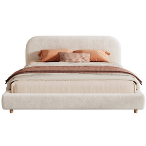 English Elm King Platform Bed Curved Boucle Upholstered Headboard Solid Rubberwood Legs Modern Bedroom N757P411870K