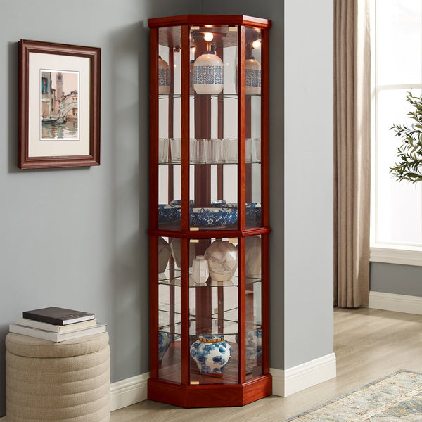 English Elm 6 Shelf Lighted Corner Curio Cabinet with Adjustable Tempered Glass Shelves, Acrylic Mirror Back, Solid Wood Frame Cherry W1693P170931
