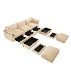 English Elm U-shaped Chenille Wheat 3-Seater Deep-Seat Sofa with Hidden Storage Drawers, Crescent Arm Styling W3041S00177
