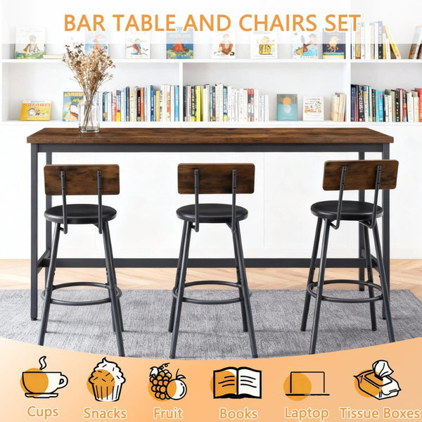 English Elm Bar Table Set with 3 Pu Leather Stools Industrial Steel Frame Rustic Dining Nook W3204P428249