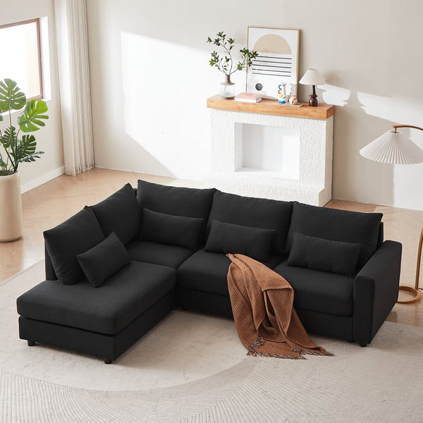 English Elm MH100.2" Sofa Convertible L-Shaped Linen Sectional with Movable Ottoman 5 Cushions 4 Lumbar Pillows Black W1193S00141